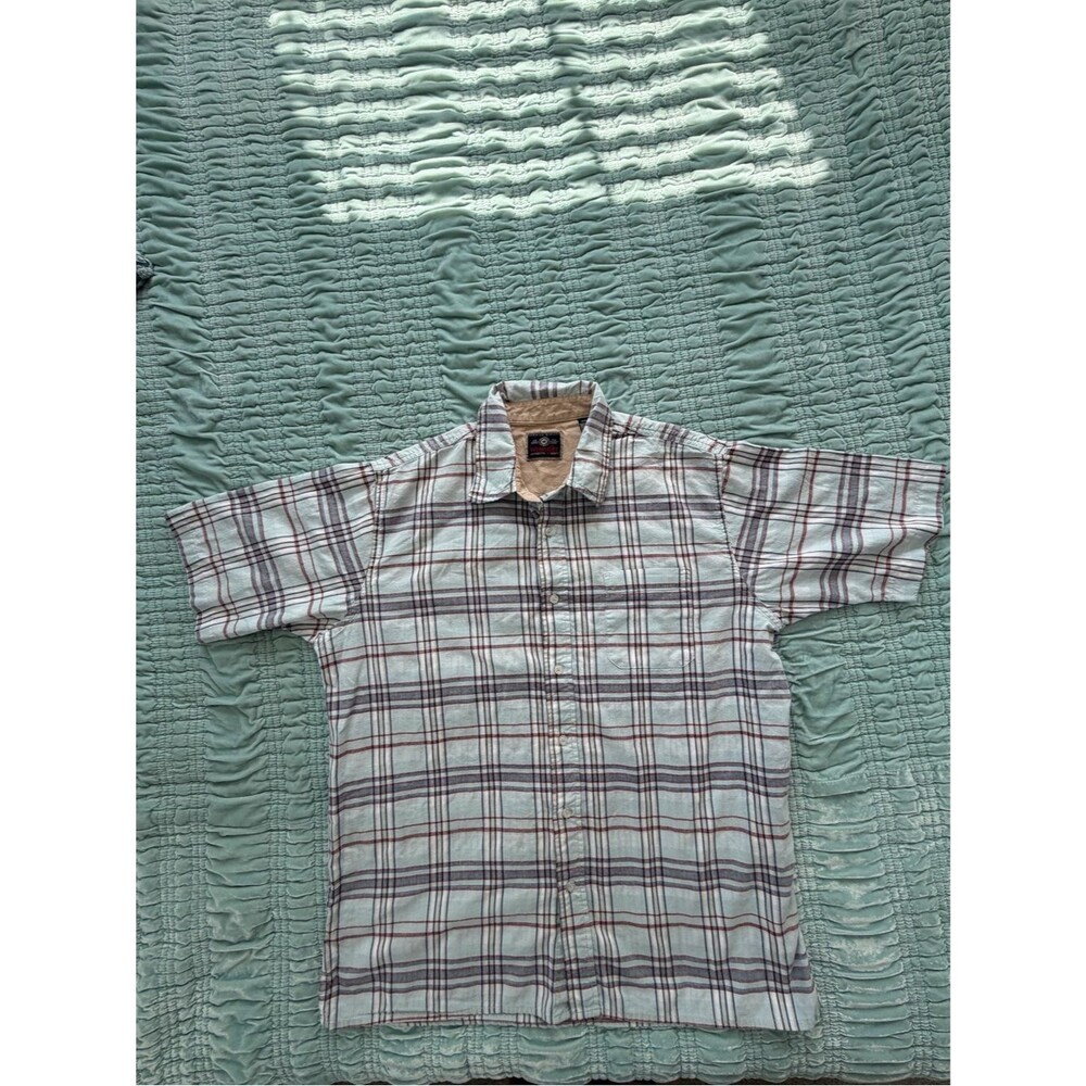 Wrangler Blue and Pink Plaid Short-Sleeve Button-Down Shirt-Large